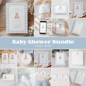 May include: A baby shower bundle with a teddy bear theme. The set includes invitations, thank you cards, and decorations. The designs feature a light blue gingham pattern and a teddy bear illustration. The text "Baby Shower Bundle" is displayed in a light blue font.