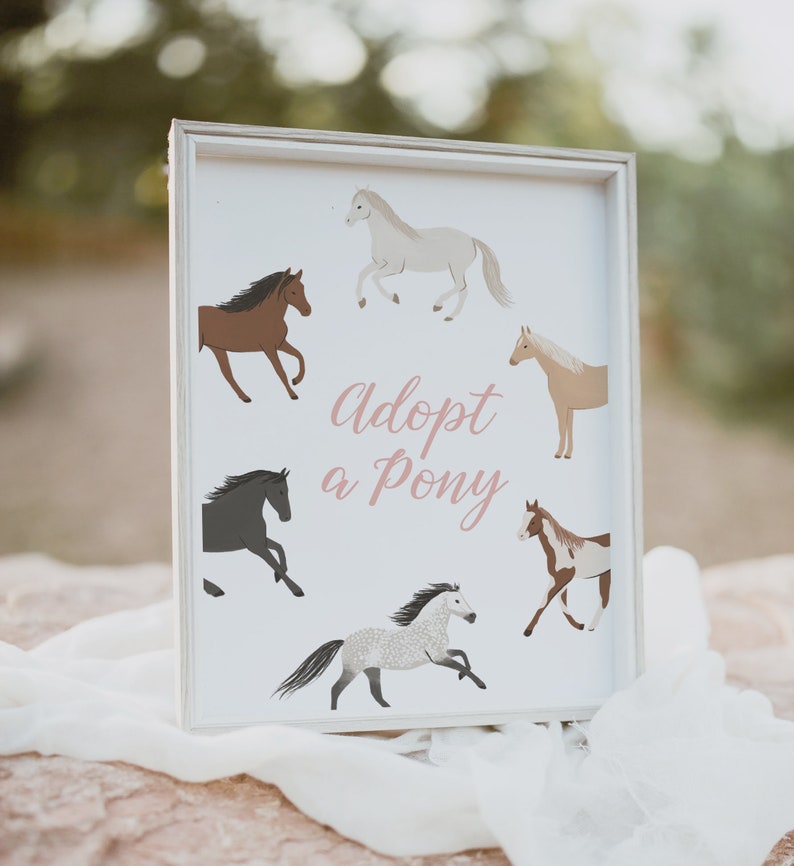 May include: White framed sign with the text "adopt a pony" in pink script. The sign features five cartoon ponies in various colours and poses.