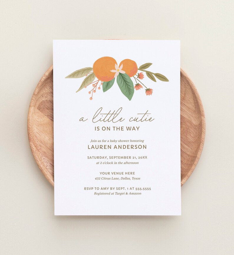 A Little Cutie is on the Way Baby Shower Invitation, Citrus Baby Shower Invite, Printable Invitation Template, DIGITAL DOWNLOAD image 3