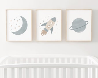 Outer Space Prints Set of 3, Rocket Ship, Moon Print, Space Posters, PRINTABLE Wall Art, Kids Room Decor, Boys Room Decor, DIGITAL DOWNLOAD