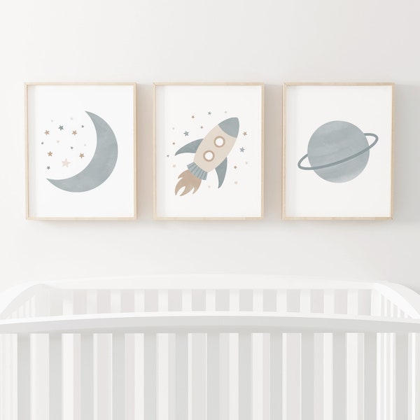 Outer Space Prints Set of 3, Rocket Ship, Moon Print, Space Posters, PRINTABLE Wall Art, Kids Room Decor, Boys Room Decor, DIGITAL DOWNLOAD