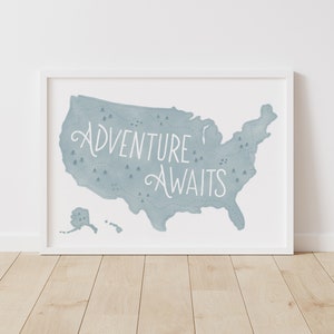 Blue US Map Print, Printable Adventure Awaits Wall Art, Woodland Nursery Decor, Kids Room Decor, DIGITAL DOWNLOAD