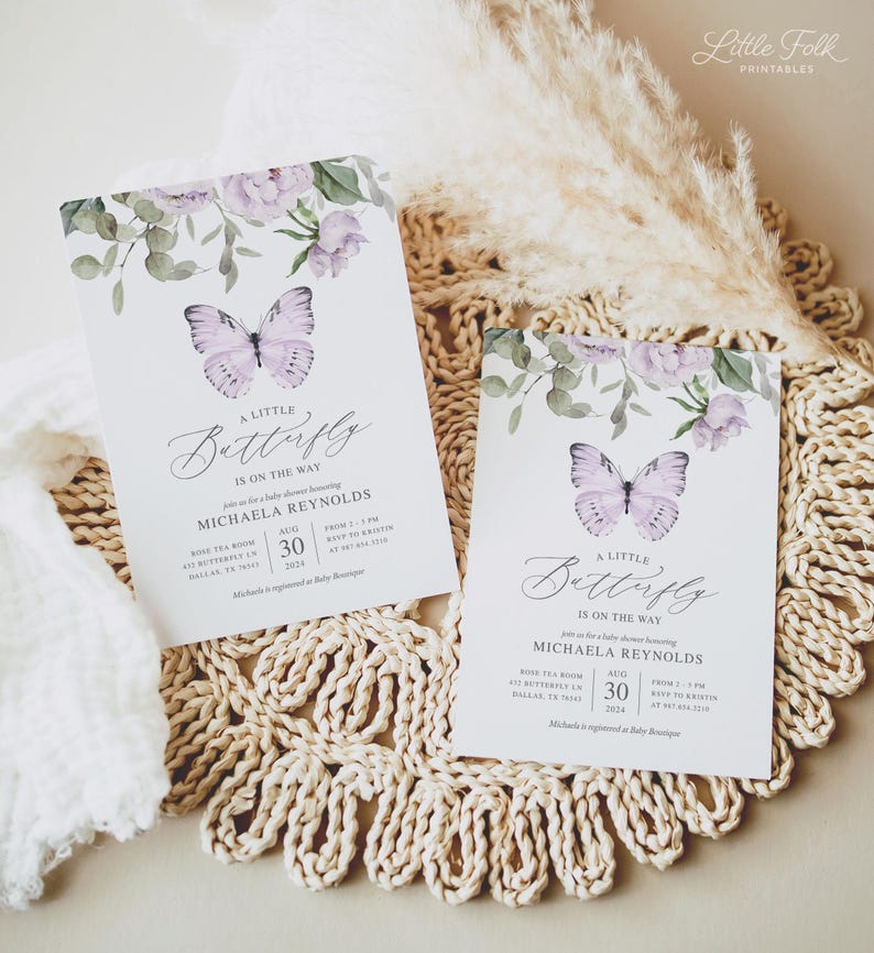 May include: Two purple and white butterfly baby shower invitations with watercolor floral designs. The text on the invitations reads "A Little Butterfly is on the Way" and includes the date, time, and location of the shower.
