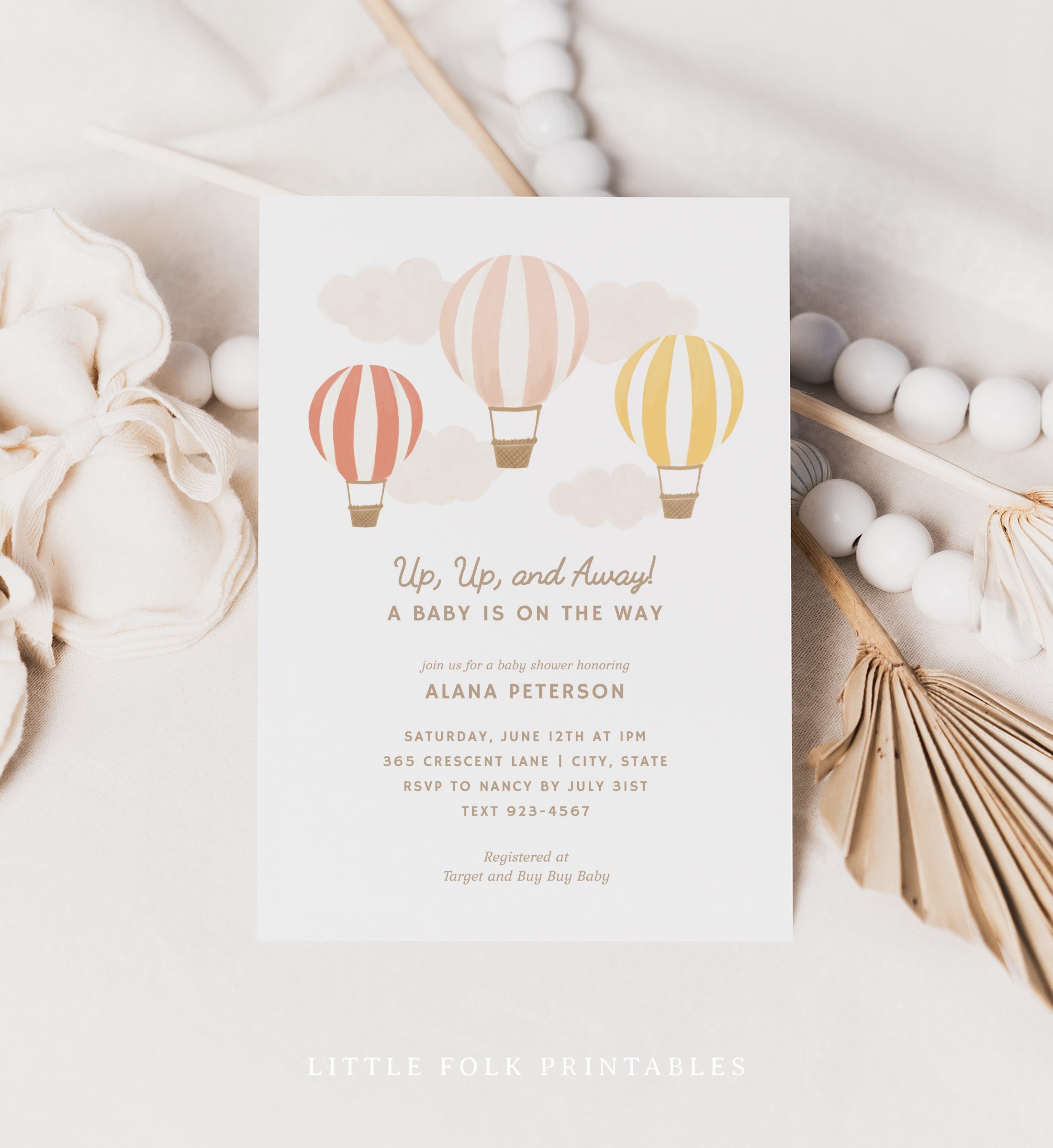 Hot Air Balloon Baby Shower Invitation Girl Baby Shower