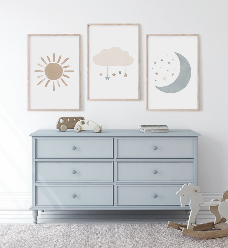 Neutral Cloud Moon and Sun Set of 3 Prints, Boy Nursery Decor, PRINTABLE Wall Art, Boho Kids Room Decor, DIGITAL DOWNLOAD image 5