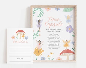 Editable Fairy 1st Birthday Party Time Capsule, Printable Fairy First Birthday Decorations, Floral Fairy Garden Party. DIGITAL DOWNLOAD
