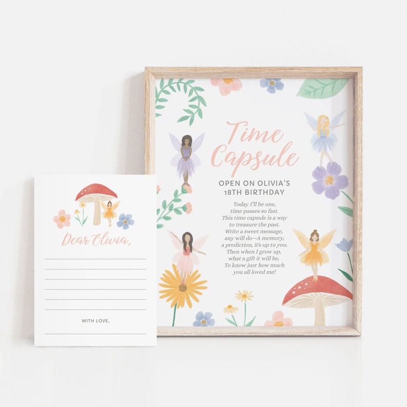 Editable Fairy 1st Birthday Party Time Capsule, Printable Fairy First Birthday Decorations, Floral Fairy Garden Party. DIGITAL DOWNLOAD image 1