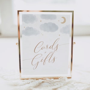 Karty i prezenty na baby shower z motywem księżyca i gwiazd, do wydrukowania znak na stół z prezentami na baby shower z motywem księżyca, cyfrowe pobieranie