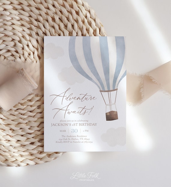 Blue Hot Air Balloon 1st Birthday Invitation, Adventure Awaits Travel Boy Birthday Invite, Printable Invitation Template, DIGITAL DOWNLOAD