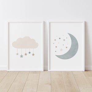 Neutral Cloud and Moon Set of 2 Prints, Cloud and Stars Nursery Decor, PRINTABLE Wall Art, Boys Room Decor, DIGITAL DOWNLOAD