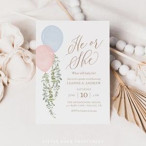 Balloon Eucalyptus Gender Reveal Invitation Template, Printable Watercolor Balloon Gender Reveal Invite, DIGITAL DOWNLOAD imagem 3