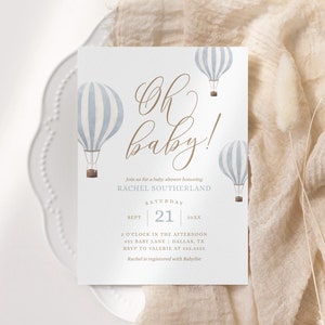 Blue Hot Air Balloon Baby Shower Invitation, Boy Baby Shower Invite, Oh Baby Printable Invitation Template, DIGITAL DOWNLOAD image 3