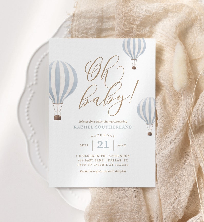 Blue Hot Air Balloon Baby Shower Invitation, Boy Baby Shower Invite, Oh Baby Printable Invitation Template, DIGITAL DOWNLOAD image 3