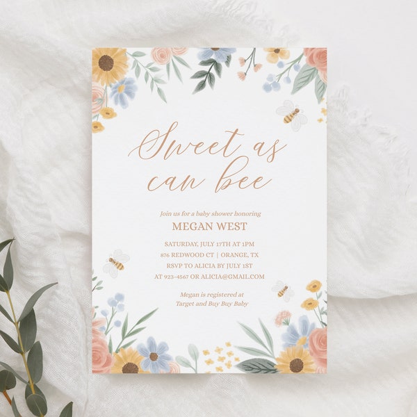 Sweet as Can Bee Baby Shower Invitation, Bee Baby Shower Invite, Printable Invitation Template, Floral Girl Baby Shower, DIGITAL DOWNLOAD