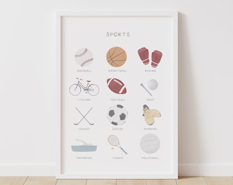 Peut inclure: Une affiche imprimable encadrée blanche avec le mot "SPORTS" en noir en haut. L'affiche présente des illustrations de différents sports, notamment le baseball, le basketball, la boxe, le cyclisme, le football, le golf, le hockey, le football, la course à pied, la natation, le tennis et le volleyball.