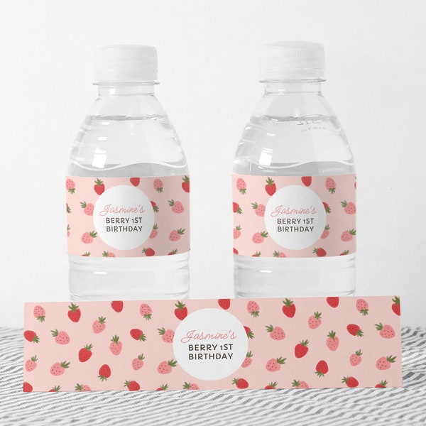 Editable Strawberry Birthday Water Bottle Label Template, Printable Berry 1st Birthday Water Bottle Wrap, DIGITAL DOWNLOAD