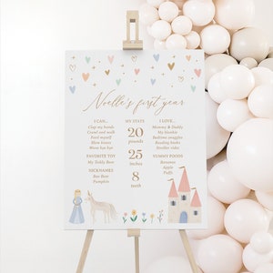 Bearbeitbares Prinzessin Geburtstagsparty Meilensteinschild, druckbare Prinzessin Schloss Geburtstag erste zweite Jahr Statistikvorlage, DIGITALER DOWNLOAD