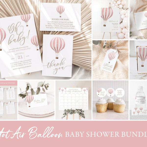 Pink Hot Air Balloon Baby Shower Invitation Bundle, Printable Girl Travel Baby Shower Decorations and Games, DIGITAL DOWNLOAD