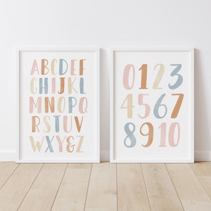 Boho Alphabet and Numbers Posters, ABC Counting Prints, Printable Educational Wall Art, Kids Classroom Decor, DIGITAL DOWNLOAD