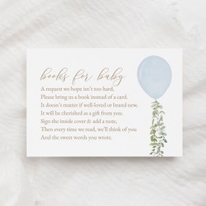 Blaue Ballon Bücher für Baby Kartenvorlage, Aquarell Ballon Baby Shower Buch Antrag einfügen, druckbare Vorlage, DIGITAL DOWNLOAD