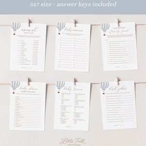 Peut inclure: Un ensemble de six cartes de jeu de baby shower imprimables avec un motif de ballon &agrave; air chaud ray&eacute; bleu et blanc. Les jeux comprennent&nbsp;: Gestation des animaux, Course de noms de b&eacute;b&eacute;s, Baby Shower Family Feud, Baby Shower Word Scramble, Baby Trivia et Blagues de papa.