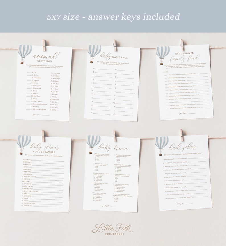 Peut inclure: Un ensemble de six cartes de jeu de baby shower imprimables avec un motif de ballon &agrave; air chaud ray&eacute; bleu et blanc. Les jeux comprennent&nbsp;: Gestation des animaux, Course de noms de b&eacute;b&eacute;s, Baby Shower Family Feud, Baby Shower Word Scramble, Baby Trivia et Blagues de papa.