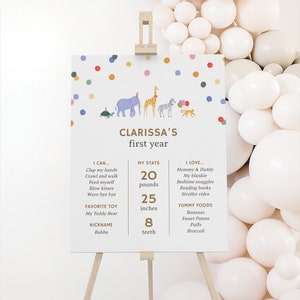 Signo de hito de fiesta de cumpleaños de Jungle Safari editable, Plantilla de estadísticas de primer segundo año de cumpleaños de animales de fiesta imprimibles, DESCARGA DIGITAL