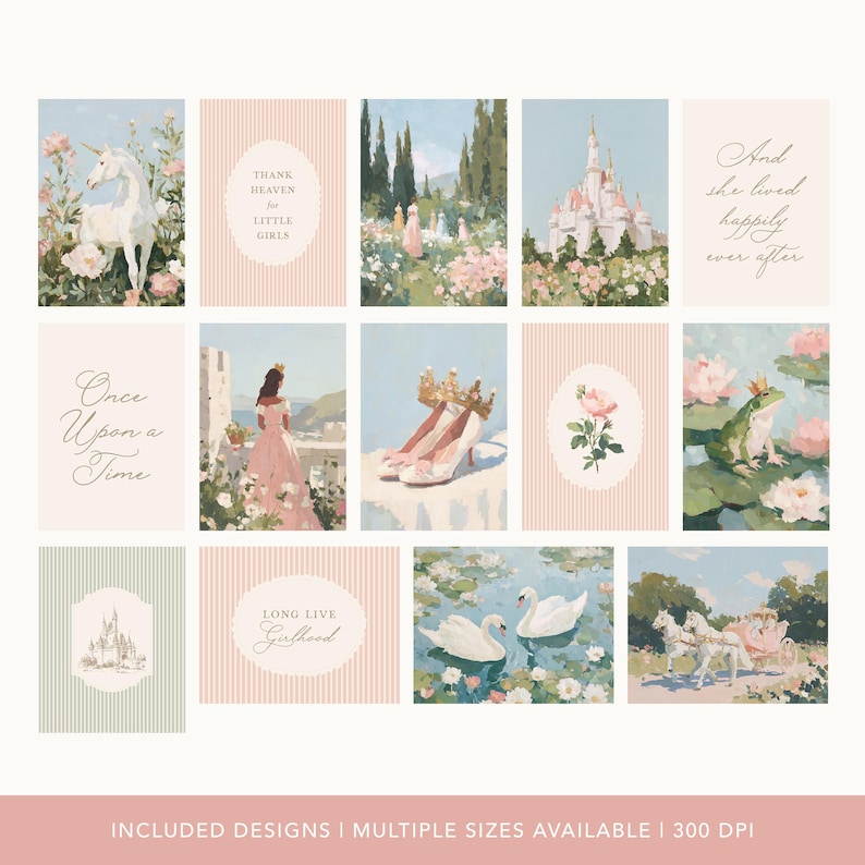 May include: A collection of fairytale-themed art prints. The prints feature illustrations of a unicorn, a castle, swans, a frog prince, and a princess. Text includes "Once Upon a Time", "Thank Heaven for Little Girls", and "And she lived happily ever after".