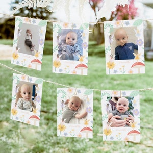 Modèle de bannière photo modifiable fée anniversaire, cartes d'étape imprimables fée florale, garden-party, téléchargement numérique