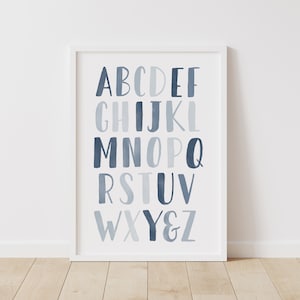 Marineblau Alphabet Poster, ABC Druck, druckbare Wandkunst, Kinderzimmer Dekor, Kinder Dekor, Lernposter, DIGITAL DOWNLOAD