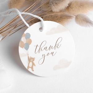 Modello modificabile di etichetta per bomboniere We Can Bearly Wait, etichetta regalo per baby shower con palloncino orsacchiotto stampabile, DOWNLOAD DIGITALE