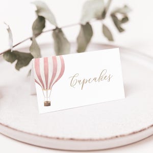 Bearbeitbare Rosa Heißluftballon-Babyparty-Tischkartenvorlage, druckbare Reise-Babyparty-Zeltkarte, DIGITALER DOWNLOAD