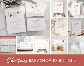 May include: A Christmas baby shower bundle featuring a red and white colour scheme. The bundle includes invitations, games, decorations, and other printable items. The text on the invitation reads "Merry Little Baby Shower".