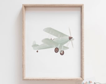 Stampa di un aereo d'epoca, stampa murale di un biplano verde salvia, stampa murale di viaggio, decorazioni per la cameretta dei bambini, decorazioni per la cameretta dei ragazzi, DOWNLOAD DIGITALE