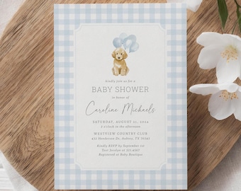 Golden Doodle Baby Shower Invitation, Editable Blue Gingham Puppy Dog Baby Shower Invite, Printable Invitation Template, DIGITAL DOWNLOAD