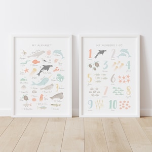 Impresiones de alfabetos y números de animales, decoración de guardería en la playa, arte de pared IMPRIMIBLE, póster de Ocean ABC, decoración de habitaciones para niños, descarga digital