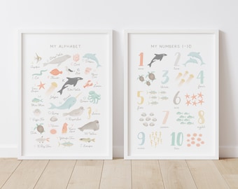 Animal Alphabet and Numbers Prints, Beach Nursery Decor, PRINTABLE Wall Art, Ocean ABC Poster, Kids Room Decor, Digital Download