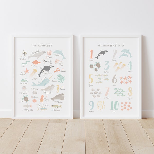 Animal Alphabet and Numbers Prints, Beach Nursery Decor, PRINTABLE Wall Art, Ocean ABC Poster, Kids Room Decor, Digital Download