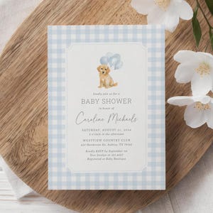 Invito per baby shower con Golden Retriever, invito modificabile per baby shower con cucciolo di cane a quadretti blu, modello di invito stampabile, DOWNLOAD DIGITALE