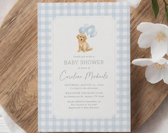 Golden Retriever Baby Shower Invitation, Editable Blue Gingham Puppy Dog Baby Shower Invite, Printable Invitation Template, DIGITAL DOWNLOAD