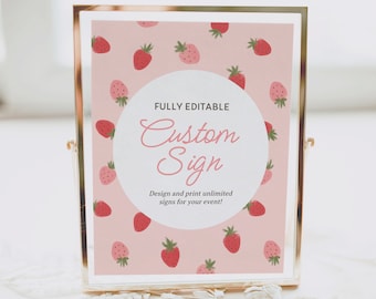 Editable Strawberry Custom Sign Template, Printable Berry 1st Birthday Sign