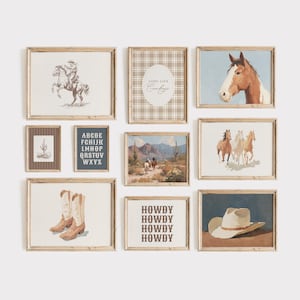 May include: A collection of framed art prints with a Western theme. The prints feature images of cowboys, horses, cowboy boots, and desert landscapes. Some prints include text such as "Howdy" and "Long Live Cowboys."