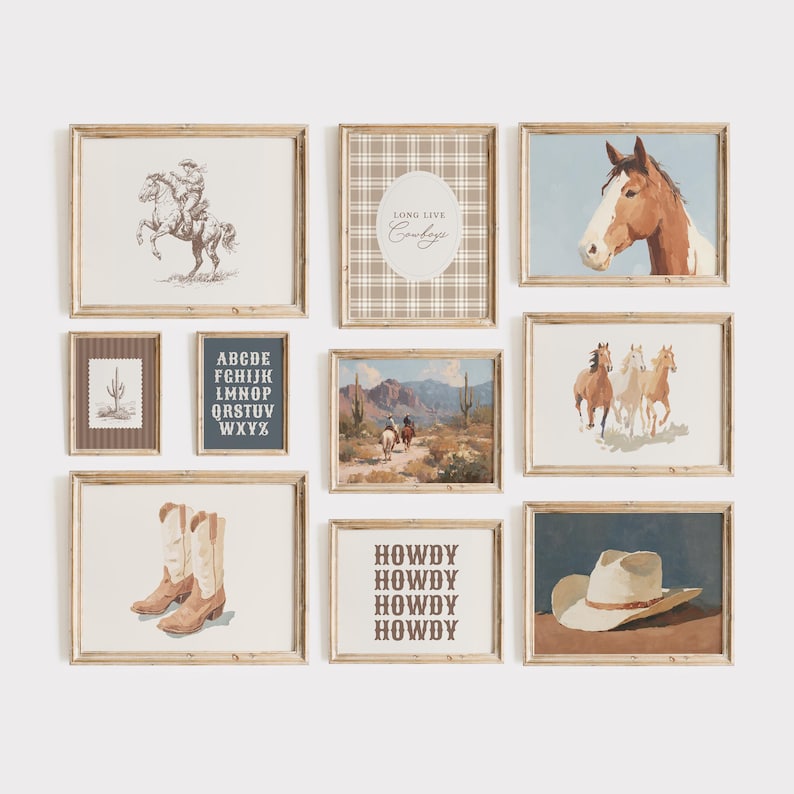 May include: A collection of framed art prints with a Western theme. The prints feature images of cowboys, horses, cowboy boots, and desert landscapes. Some prints include text such as "Howdy" and "Long Live Cowboys."