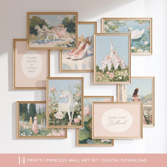 Princess Wall Art, Vintage Princess Nursery Decor, Pink Fairytale Girls Room Decor, Unicorn Castle Carriage Prints, DIGITAL DOWNLOAD