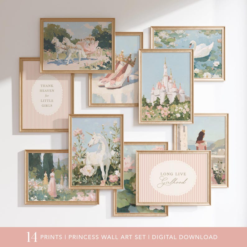 May include: A collection of 14 framed princess-themed art prints. The prints feature images of a unicorn, a castle, a swan, a carriage, and high heels. Some prints have text that reads "Thank Heaven for Little Girls" and "Long Live Girlhood."