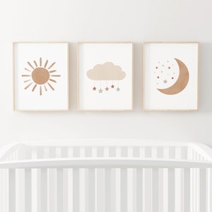Neutral Cloud Moon and Sun Set of 3 Prints, Gender Neutral Nursery Decor, Boho Kids Room Decor, PRINTABLE Wall Art, DIGITAL DOWNLOAD