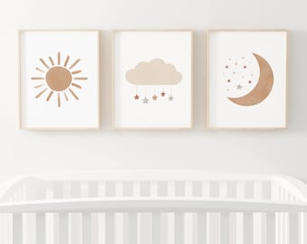 Neutral Cloud Moon and Sun Set of 3 Prints, Gender Neutral Nursery Decor, Boho Kids Room Decor, PRINTABLE Wall Art, DIGITAL DOWNLOAD