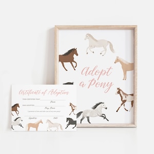 May include: A printable certificate of adoption for a pony. The certificate has a space for the name of the adopter, the name of the pony, a signature, and a date. The certificate is surrounded by images of different coloured ponies.