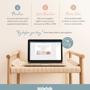May include: A laptop displaying a customizable invitation template with a train theme. The image includes instructions: purchase, edit & download, and print & share. The text "Try before you buy!" is also visible. The laptop sits on a woven bench.
