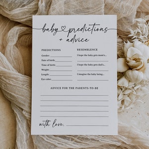 Prédictions et conseils minimalistes pour bébé, carte de conseils moderne sur la baby shower, modèle de prédictions de bébé modifiable, TÉLÉCHARGEMENT NUMÉRIQUE